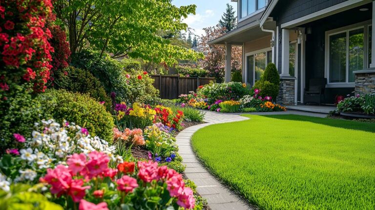 A front yard garden with small fruit trees, herbs, and vegetables neatly arranged along a walkway.
