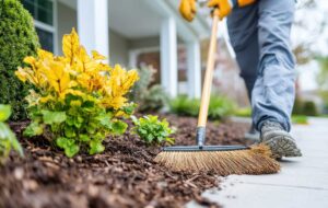 A homeowner examines circular brown patches and yellowed spots on a backyard lawn.