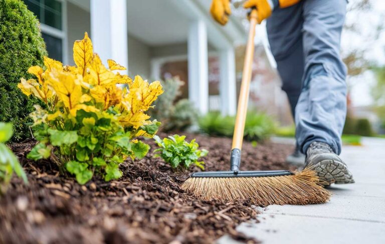 A homeowner examines circular brown patches and yellowed spots on a backyard lawn.